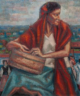 une peinture à l'huile représentant une femme portant un panier rempli de provisions