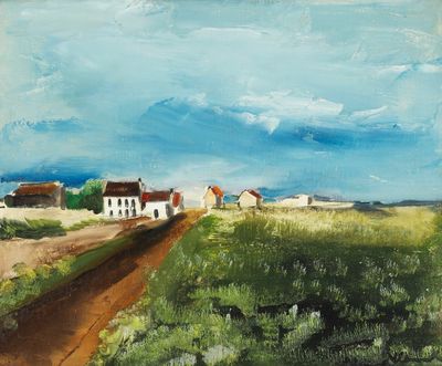 an oil painting of a dirt road leading to a white house