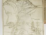 une vieille carte représentant une rivière avec une montagne en arrière-plan