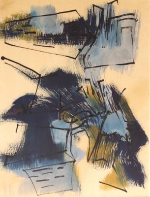 abstract painting of a man with a hat and a flower in a vase