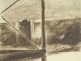 a drawing of a pole with a building in the background