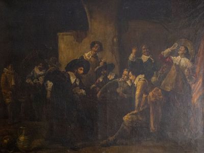 tableau représentant un groupe de personnes debout autour d'un homme allongé par terre