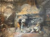 a painting of a group of people sitting around a fire place