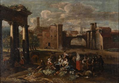 painting of a group of people in front of a building
