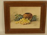 une peinture à l'huile représentant des raisins et une corbeille de raisins posée sur une table