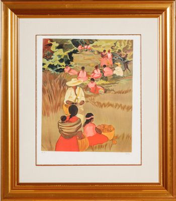 une image représentant un tableau où l'on voit une femme et un enfant dans un champ