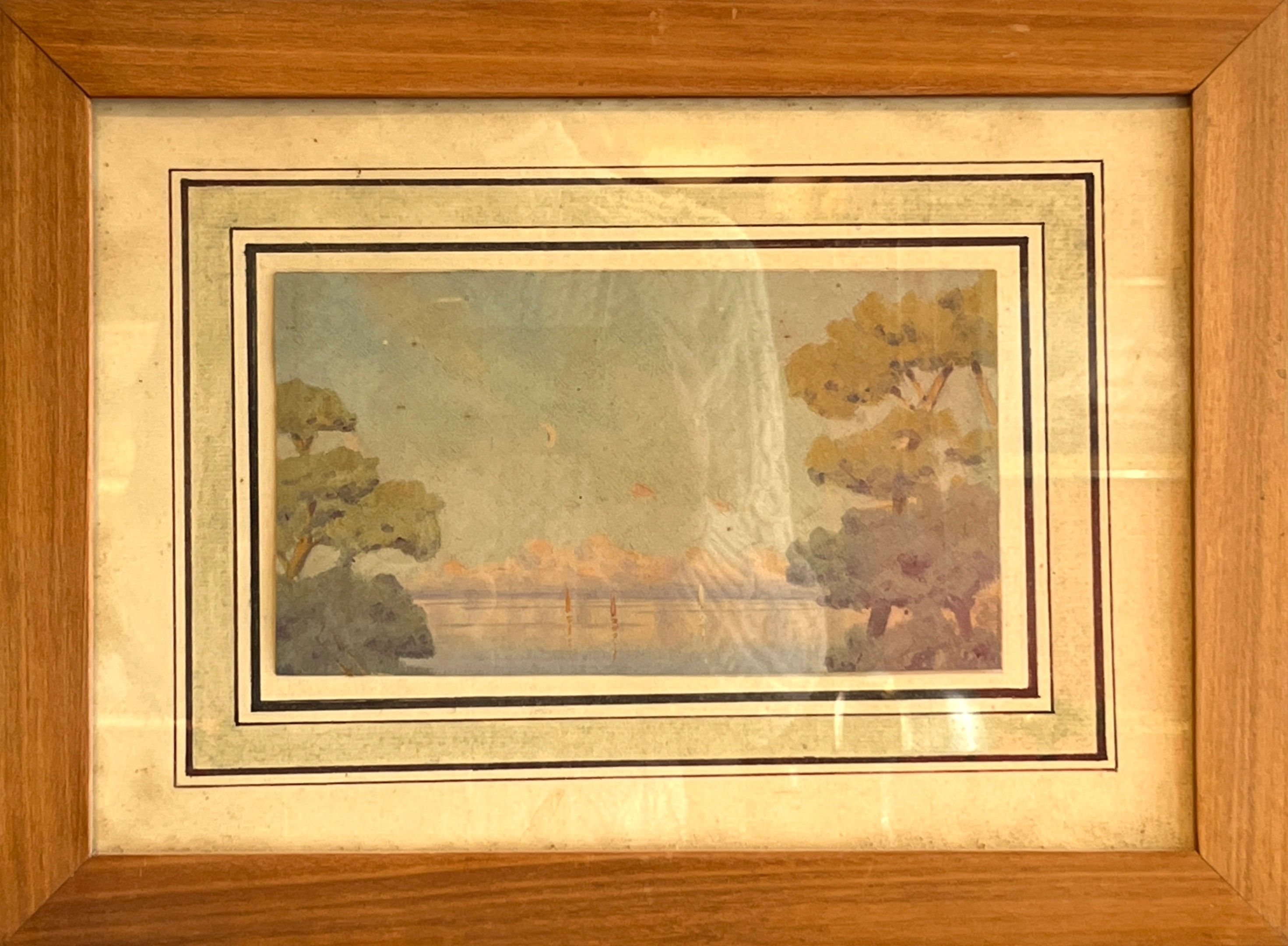 Ecole du début du XXe siècle. Paysage lacustre. Huile sur papier. 11,5 x 21 cm. Encadré sous verre.