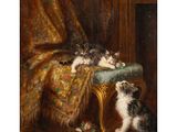 un tableau représentant un chat et ses chatons sur une chaise près d'une table