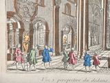 a drawing of a group of people walking in a building