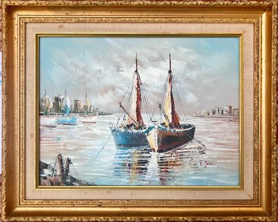 a painting of a boat in a body of water