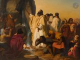 painting of a group of people gathered around a man in a white robe