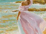 painting of a woman in a pink dress standing on a beach