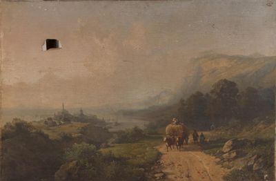 tableau représentant un groupe de personnes à cheval sur un chemin de terre