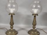pair of antique brass table lamps with etched glass globe shades
