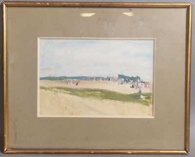 tableau encadré représentant une scène de plage avec des personnes marchant sur le sable