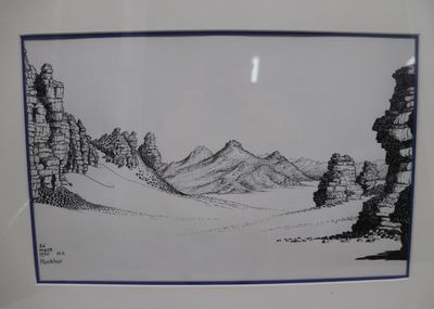 Deux dessins au feutre "desert de monkhor" datés 1990. Encad…