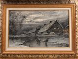 framed picture of a painting of a winter scene with a man and a dog
