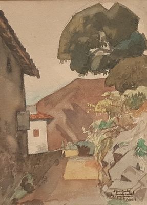 a watercolor painting of a house and a tree on a hill