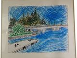 drawing of a bridge over a body of water with trees in the background