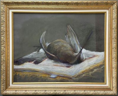 une peinture à l'huile représentant un oiseau mort posé sur une feuille de papier