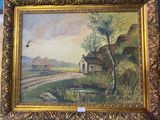 painting of a farm scene with a road and a house