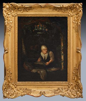 a painting of a woman reading a book in a gold frame