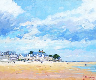 une peinture à l'huile représentant une scène de plage avec des maisons au bord de l'eau