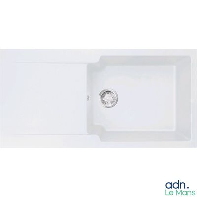 a picture of a white kitchen sink with a drain