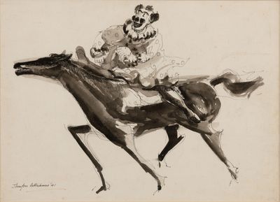 dessin représentant un homme à cheval, sur lequel se trouve un clown