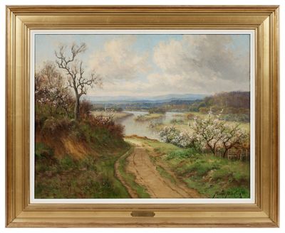 une peinture représentant un chemin de terre avec une rivière au loin