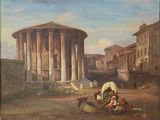 painting of a group of people sitting in front of a building
