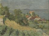 tableau représentant la vue d'un petit village situé sur une colline
