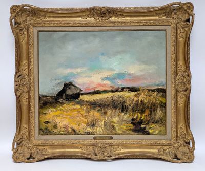 an oil painting of a field with a barn in the distance