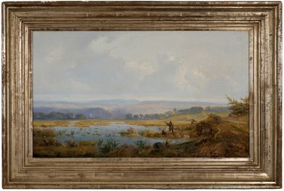 l'image d'un tableau représentant un paysage avec une rivière au premier plan