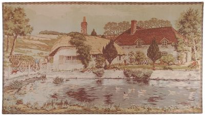 une image d'un tableau représentant une maison au bord d'une rivière