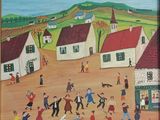 tableau représentant une scène de village où des personnes dansent et jouent avec un chien