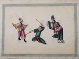 a painting of three men with swords and a woman holding a sword