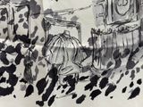 un dessin en noir et blanc représentant une pièce avec une horloge