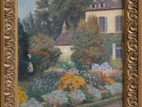 an oil painting of a garden with flowers and a house in the background