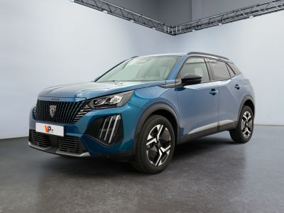 the blue suv is parked in a large room with a gray floor