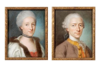 two paintings of a man and a woman in formal clothing