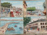 quatre tableaux représentant une ville avec des bateaux et des personnes sur l'eau