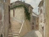 painting of a narrow street with steps leading up to a building