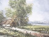 a painting of a house in the middle of a field