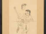 dessin représentant un homme et une femme assis sur un banc avec une guitare