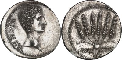 a silver coin with an image of a woman and wheat