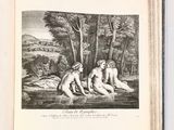 an open book with a drawing of two nudes in a wooded area