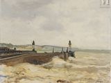 an image of a painting of a lighthouse in the middle of a body of water