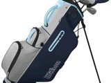 a close up of a bag of golf clubs on a white background