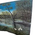 a picture of a painting of swans in the water